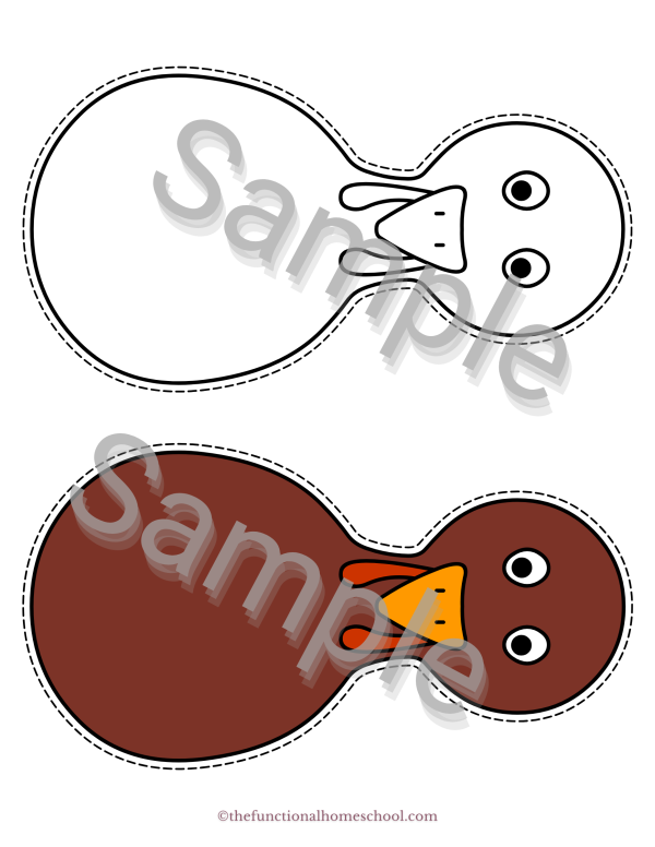 One white turkey body template with black dotted outline. One turkey body template colored in brown with dotted outline.
