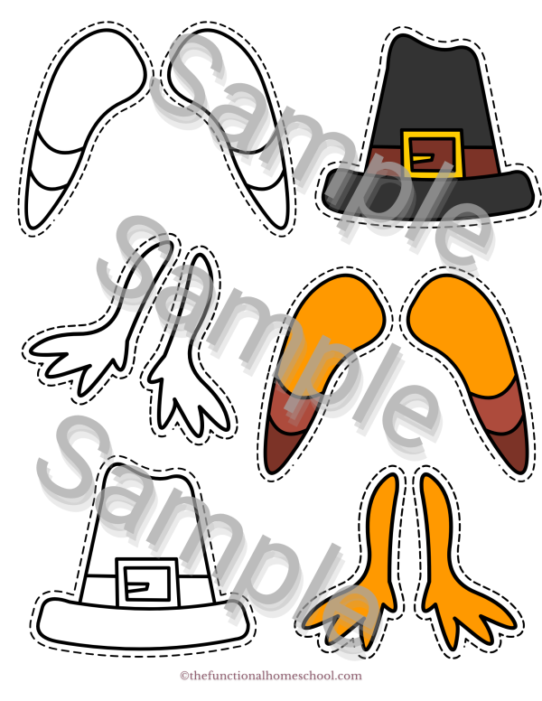 Turkey wings, legs, and hat, white with dotted outline. Turkey hat, wings, and legs colored brown and orange with dotted outline.