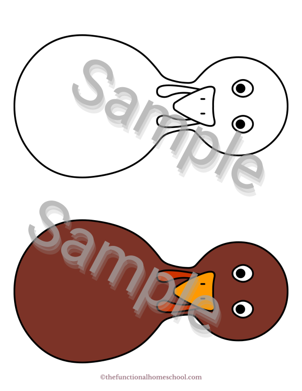 One turkey body template, white with solid black outline. One turkey body template, colored in brown with solid black outline.