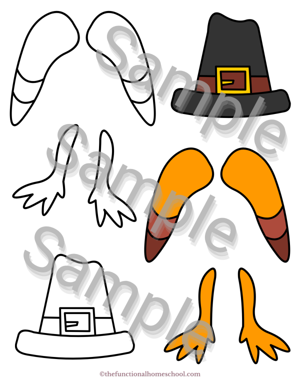 Turkey wings, legs, and hat templates, white with solid black outline. Turkey hat, wings, and legs templates, colored in with solid black outline.